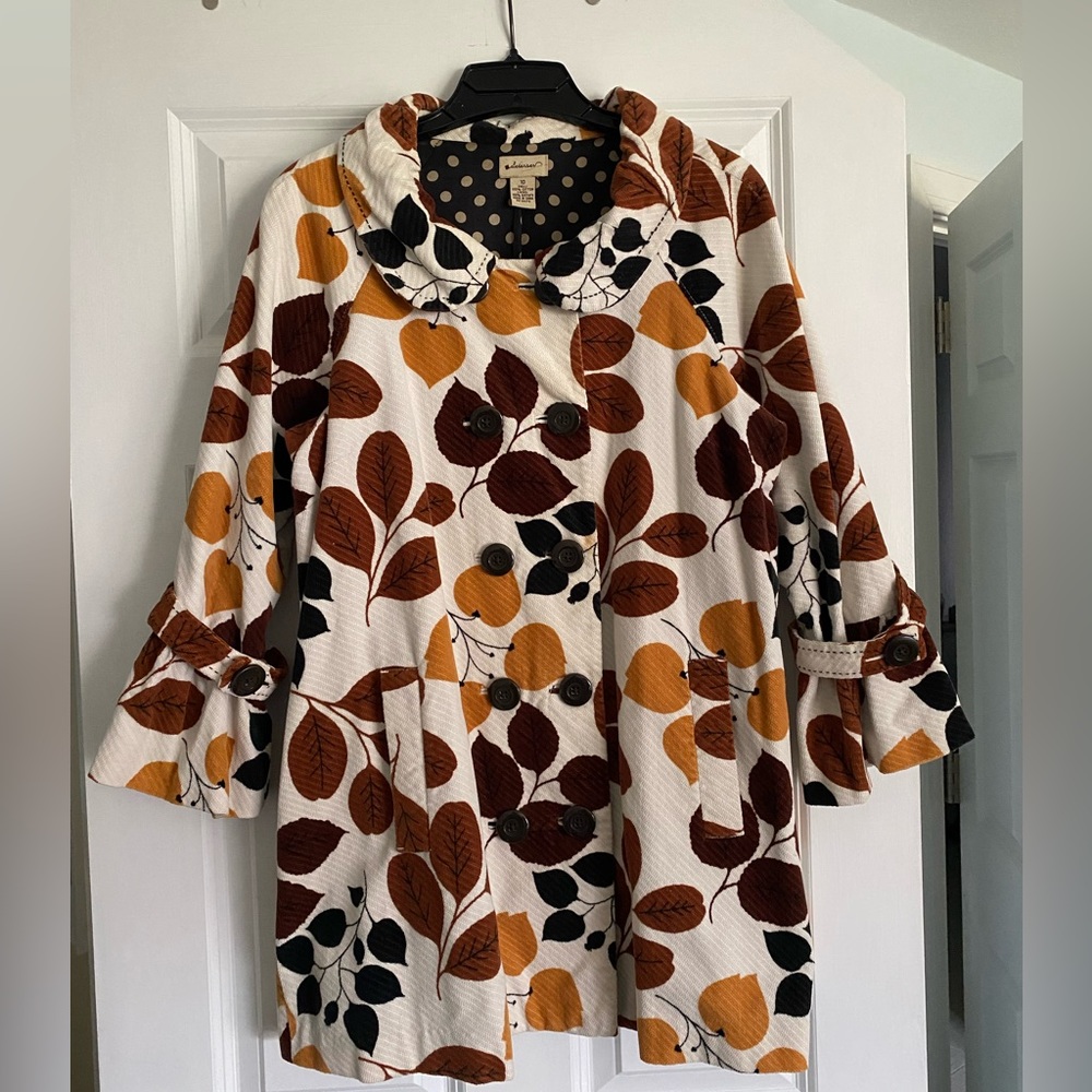 Anthropologie Elevenses Changing Colors Cotton Velvet Leaf Swing Coat Sz 10